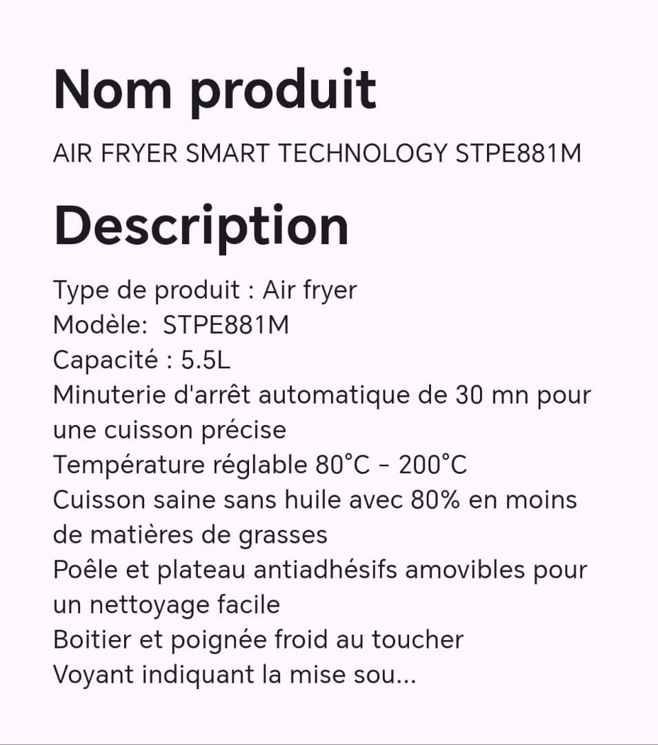AIR FRYER SMART TECHNOLOGY STPE881M AIR FRYER SMART TECHNOLOGY STPE881M