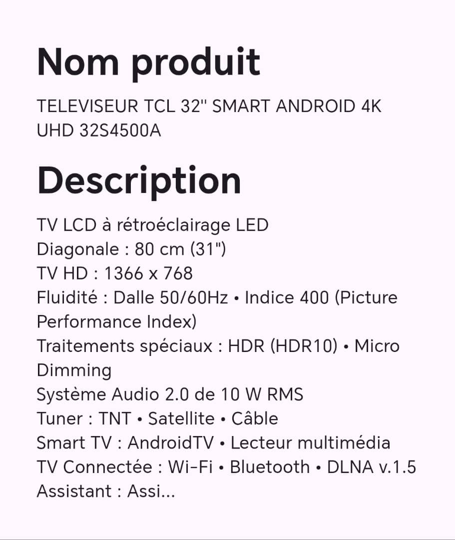TELEVISEUR TCL 32" SMART ANDROID 4K UHD 32S4500A TELEVISEUR TCL 32" SMART ANDROID 4K UHD 32S4500A
