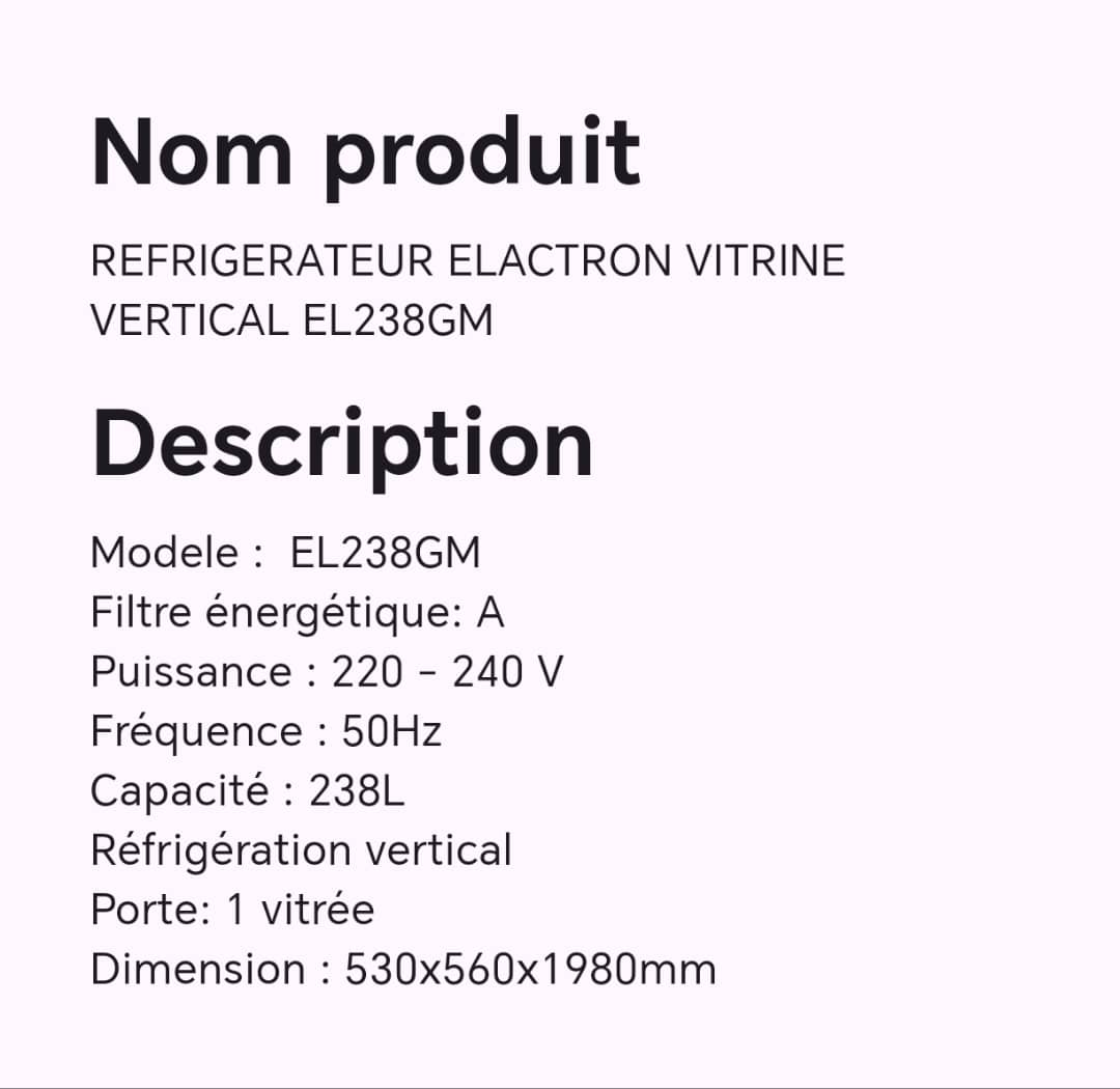 Réfrigérateur ELACTRON vitrine vertical EL238GM Réfrigérateur ELACTRON vitrine vertical EL238GM