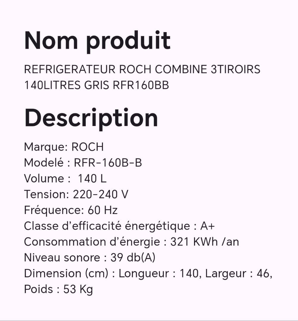 Réfrigérateur ROCH combine 3 tiroirs 140 litres RFR160BB Réfrigérateur ROCH combine 3 tiroirs 140 litres RFR160BB