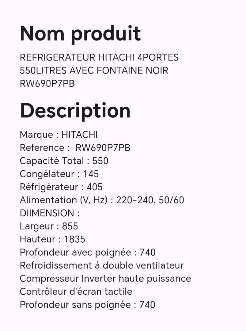 Réfrigérateur HITACHI 4 portes 550 litres avec fontaine noir RW690P7PB Réfrigérateur HITACHI 4 portes 550 litres avec fontaine noir RW690P7PB