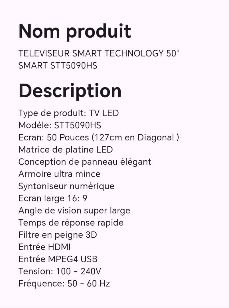 TELEVISEUR SMART TECHNOLOGY 50" SMART STT5090HS TELEVISEUR SMART TECHNOLOGY 50" SMART STT5090HS