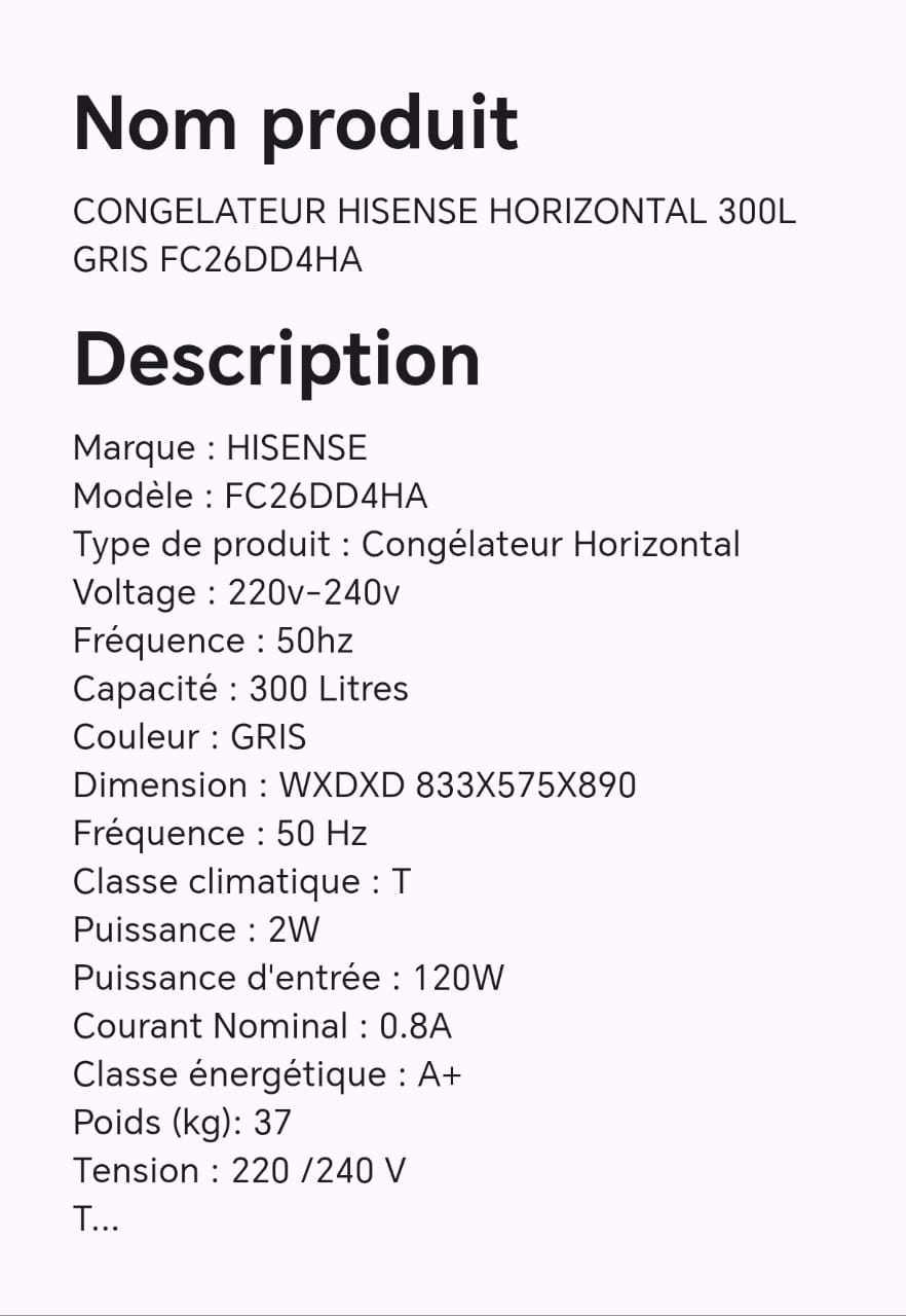 CONGELATEUR HISENSE HORIZONTAL 300L GRIS FC26DD4HA CONGELATEUR HISENSE HORIZONTAL 300L GRIS FC26DD4HA