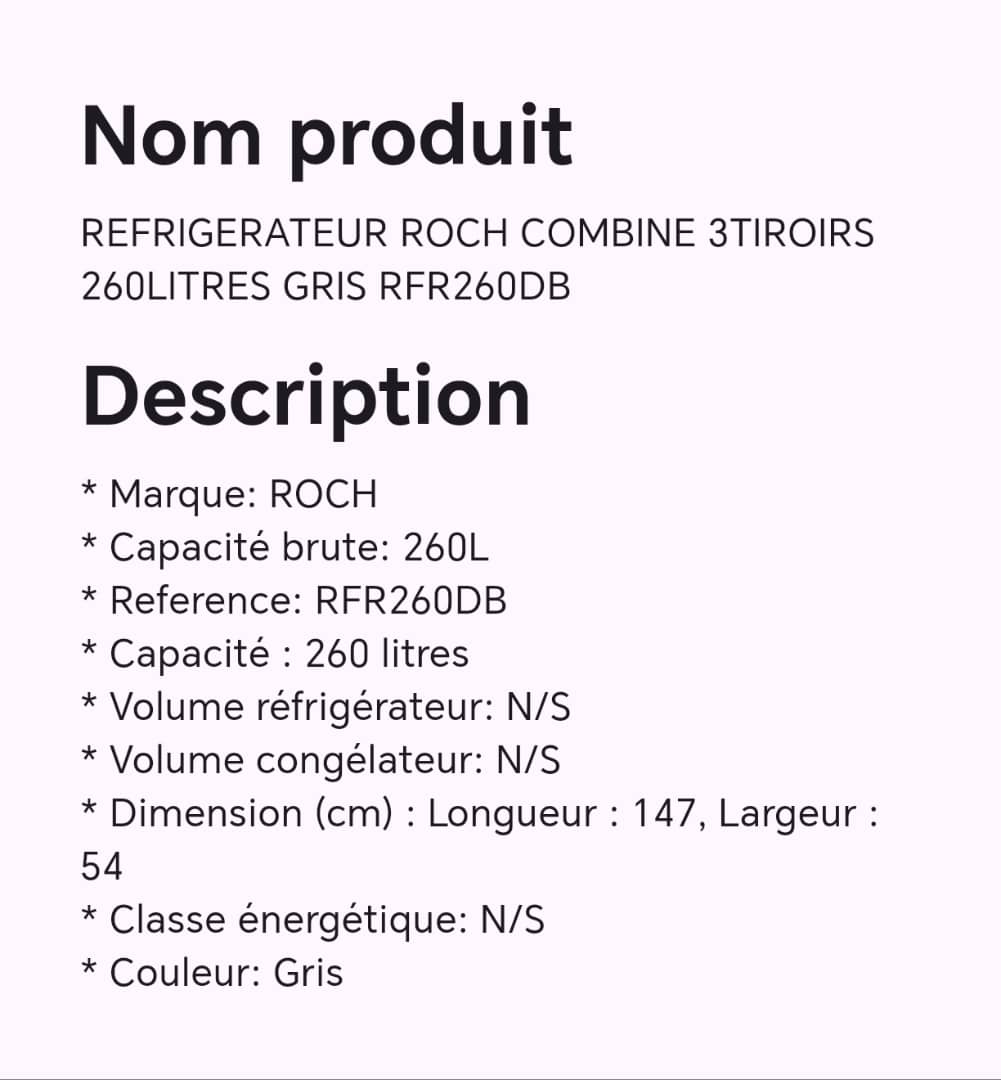 Réfrigérateur ROCH combine 3 tiroirs 260 litres gris RFR260DB Réfrigérateur ROCH combine 3 tiroirs 260 litres gris RFR260DB
