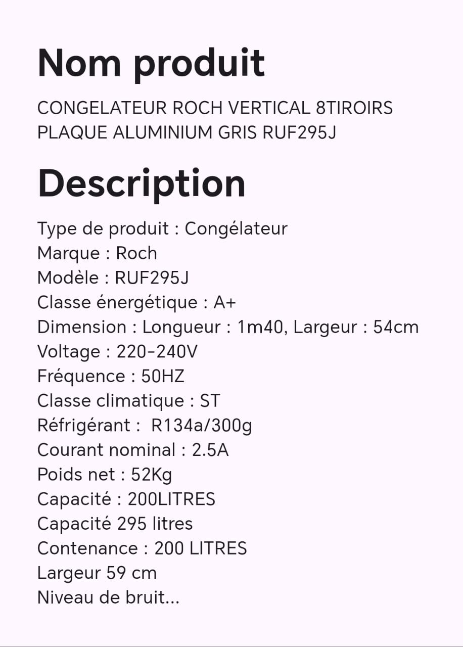 CONGELATEUR ROCH VERTICAL 8TIROIRS PLAQUE ALUMINIUM GRIS RUF295J CONGELATEUR ROCH VERTICAL 8TIROIRS PLAQUE ALUMINIUM GRIS RUF295J