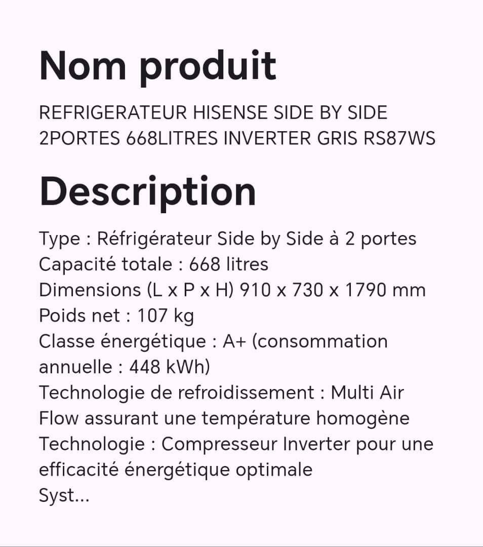 Réfrigérateur HISENSE SIDE BY SIDE 2 portes 668 litres inverter gris RS87WS Réfrigérateur HISENSE SIDE BY SIDE 2 portes 668 litres inverter gris RS87WS