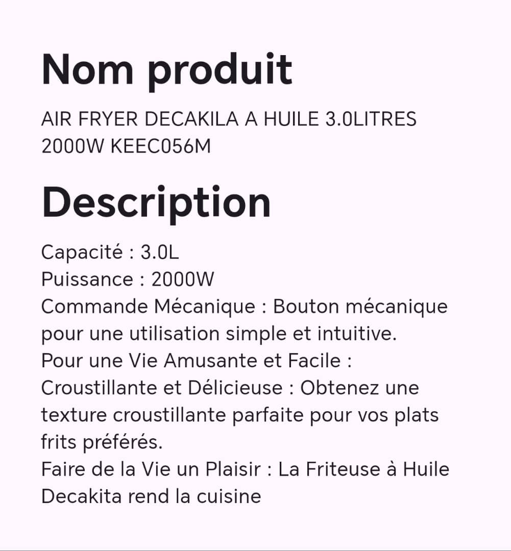 AIR FRYER DECAKILA A HUILE 3.0 LITRES 2000W KEECO56M AIR FRYER DECAKILA A HUILE 3.0 LITRES 2000W KEECO56M