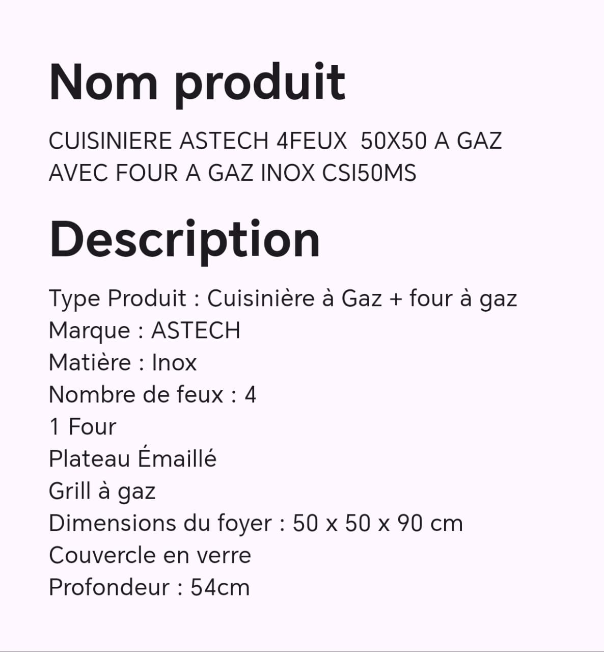 CUISINIERE ASTECH 4FEUX 50X50 A GAZ AVEC FOUR A GAZ INOX CSI50MS CUISINIERE ASTECH 4FEUX 50X50 A GAZ AVEC FOUR A GAZ INOX CSI50MS