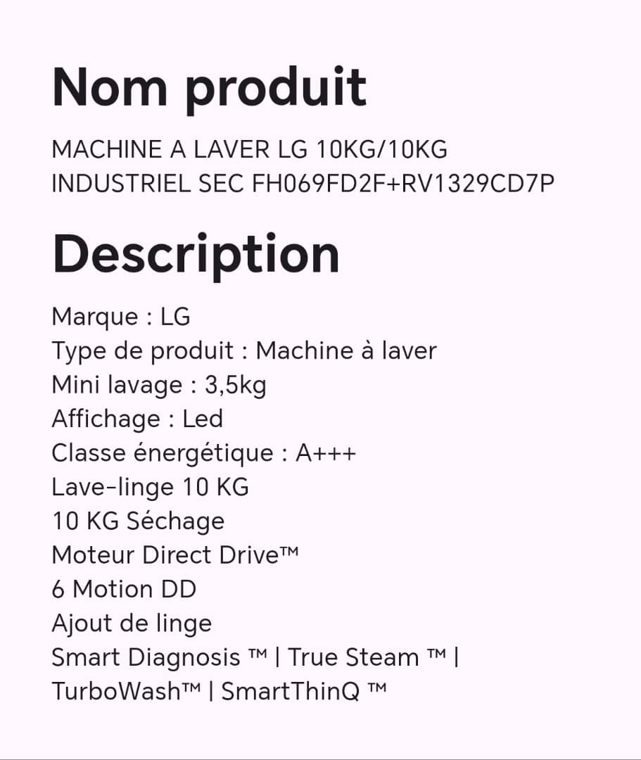 MACHINE A LAVER LG 10KG/10KG INDUSTRIEL SEC FH069FD2F+RV1329CD7P MACHINE A LAVER LG 10KG/10KG INDUSTRIEL SEC FH069FD2F+RV1329CD7P
