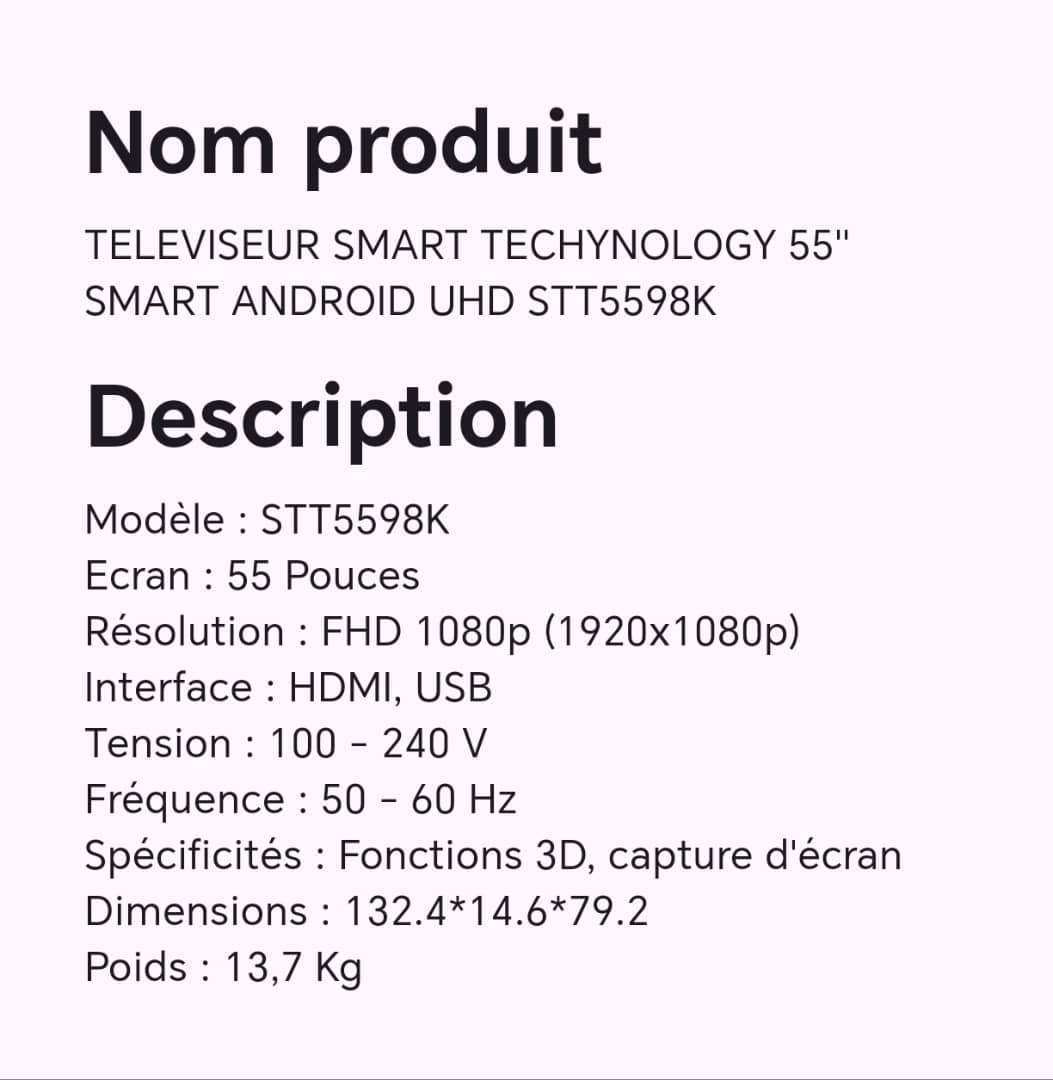 Téléviseur smart techynology 55" smart ANDROID UHD STT5598K Téléviseur smart techynology 55" smart ANDROID UHD STT5598K