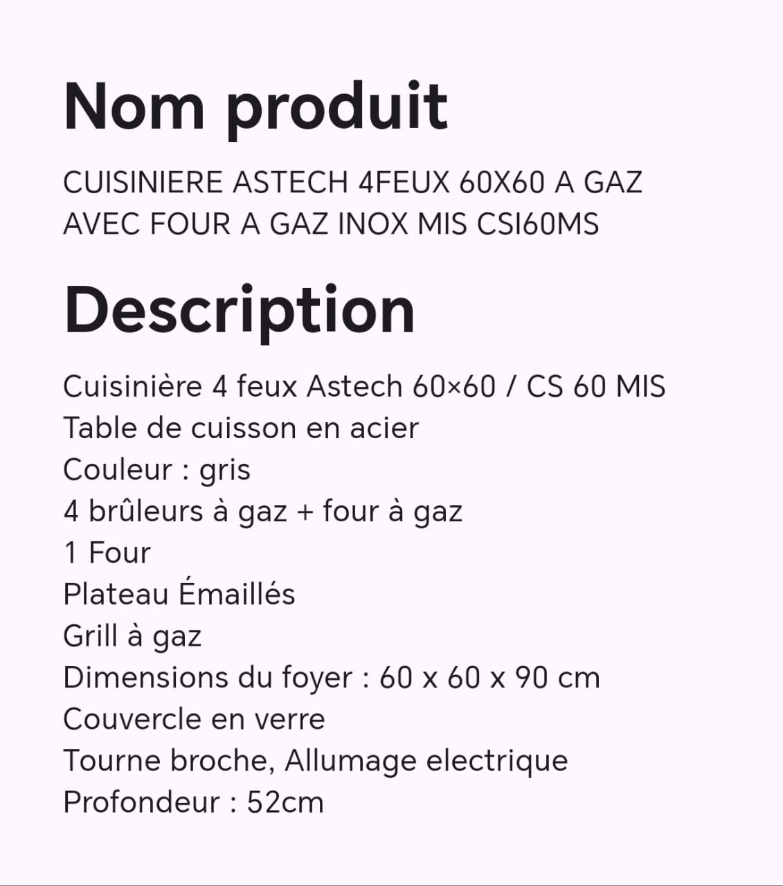 CUISINIERE ASTECH 4FEUX 60X60 A GAZ AVEC FOUR A GAZ INOX MIS CSI60MS CUISINIERE ASTECH 4FEUX 60X60 A GAZ AVEC FOUR A GAZ INOX MIS CSI60MS
