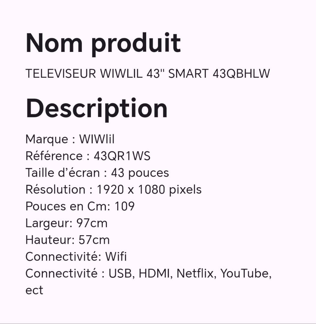 Téléviseur WIWLIL 43" smart 43QBHLW Téléviseur WIWLIL 43" smart 43QBHLW