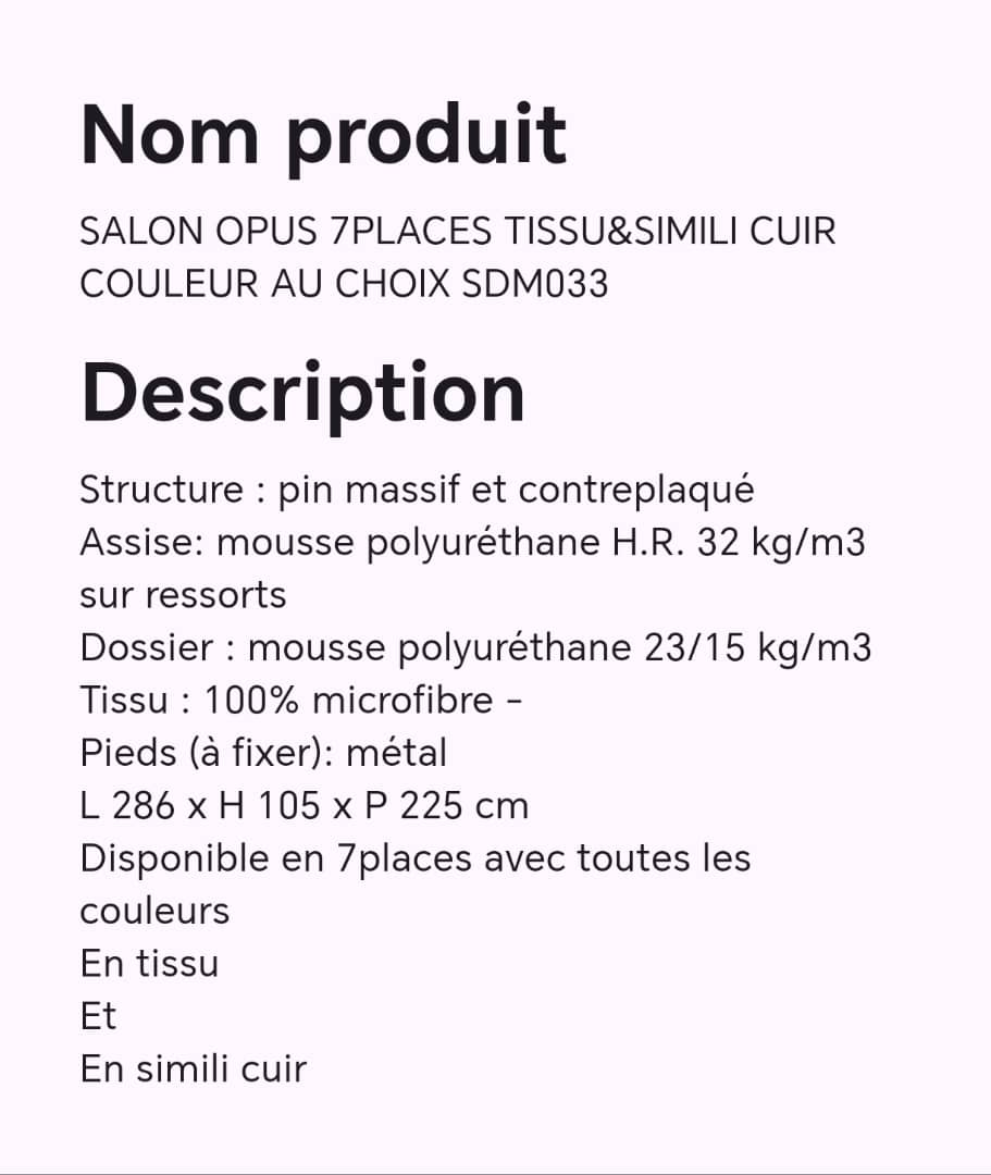SALON OPUS 7PLACES TISSU&SIMILI CUIR COULEUR AU CHOIX SDM033 SALON OPUS 7PLACES TISSU&SIMILI CUIR COULEUR AU CHOIX SDM033