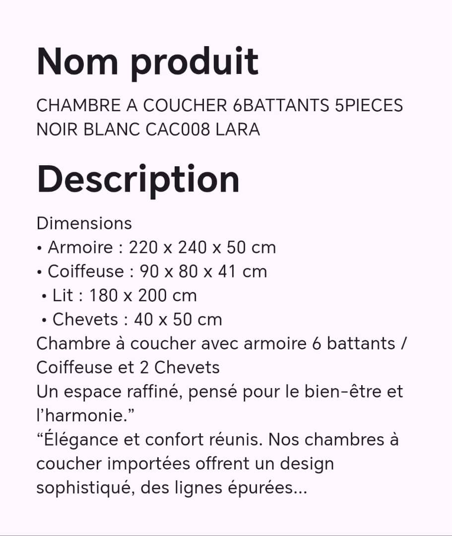 CHAMBRE A COUCHER 6BATTANTS 5PIECES NOIR BLANC CAC008 LARA CHAMBRE A COUCHER 6BATTANTS 5PIECES NOIR BLANC CAC008 LARA