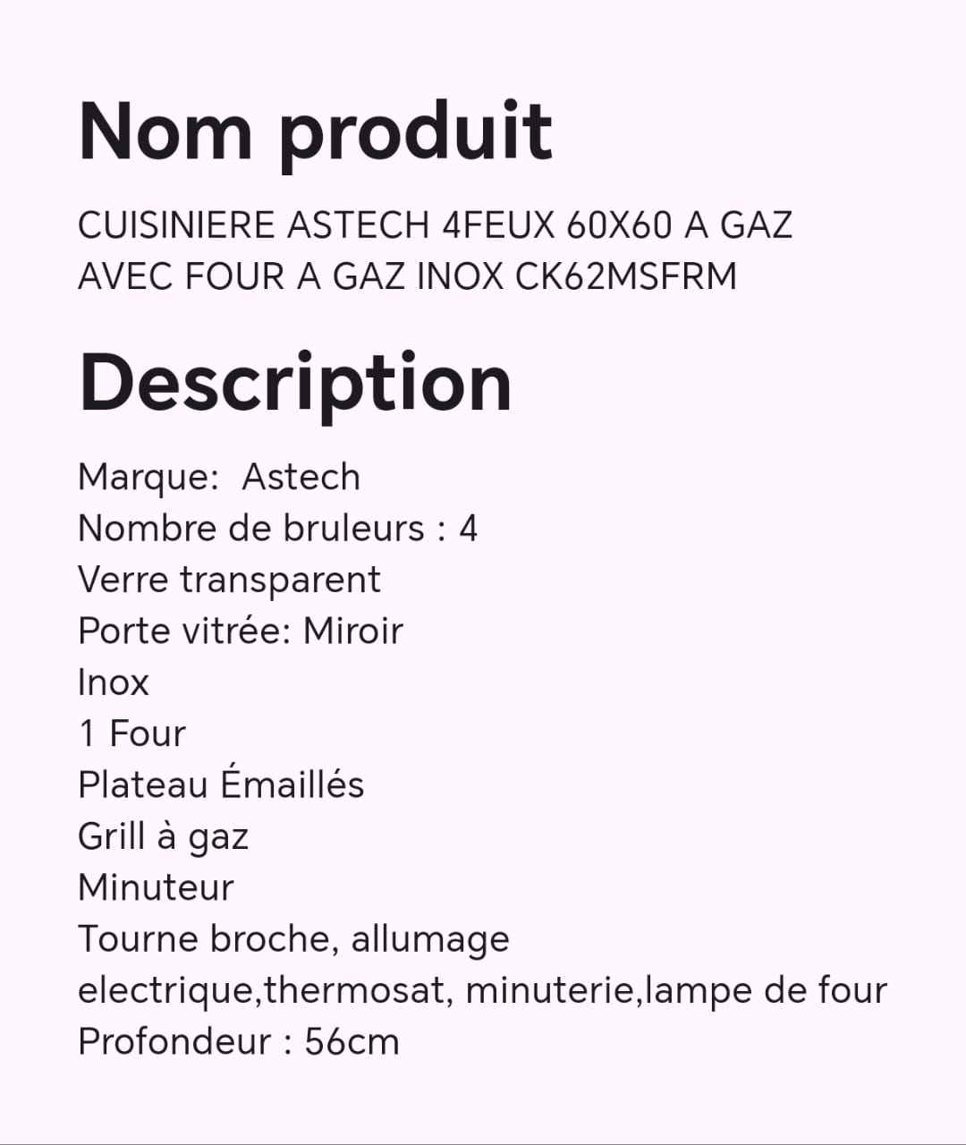 CUISINIERE ASTECH 4 FEUX 60X60 A GAZ AVEC FOUR A GAZ INOX CK62MSFRM CUISINIERE ASTECH 4 FEUX 60X60 A GAZ AVEC FOUR A GAZ INOX CK62MSFRM