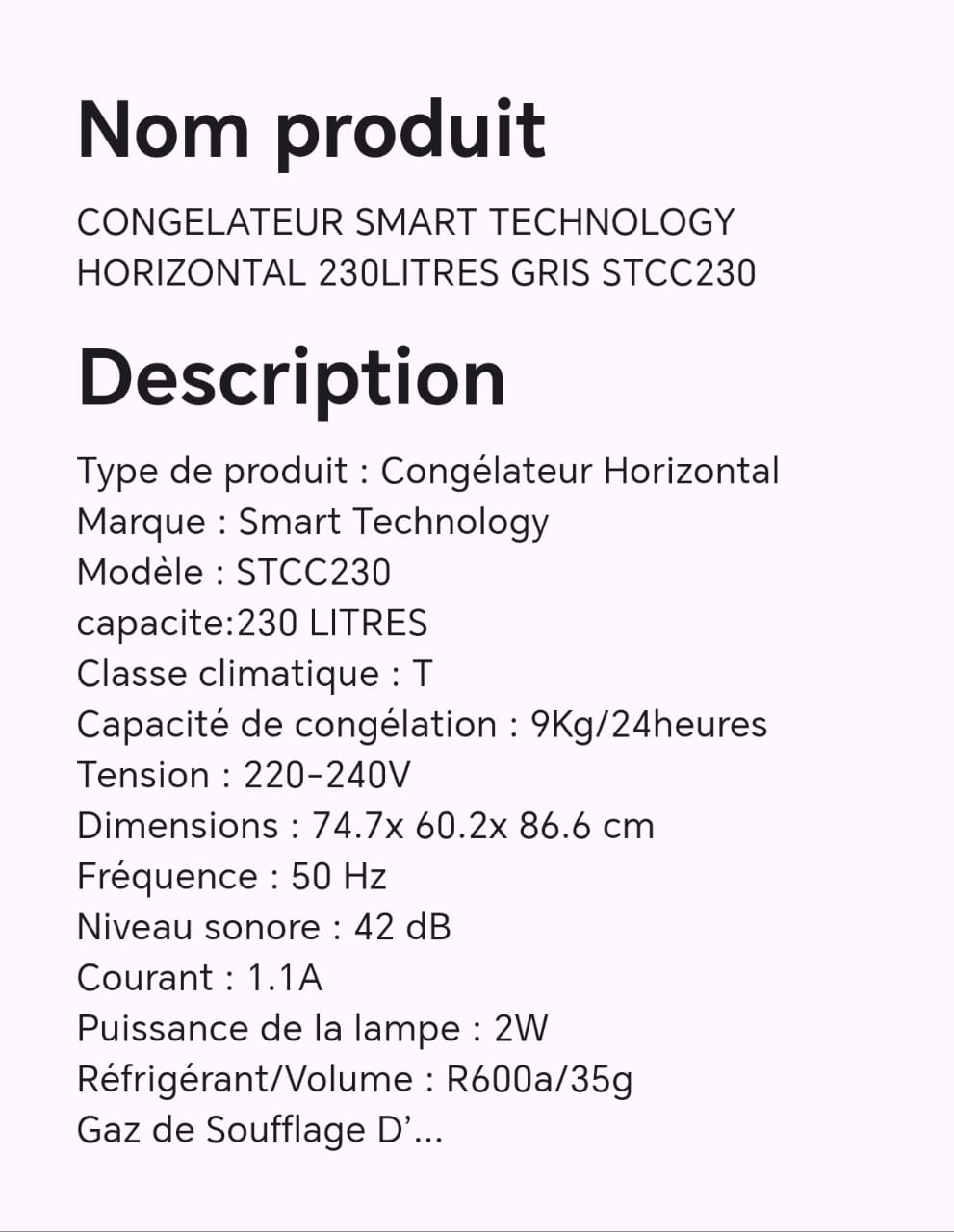 CONGELATEUR SMART TECHNOLOGY HORIZONTAL 230LITRES GRIS STCC230 CONGELATEUR SMART TECHNOLOGY HORIZONTAL 230LITRES GRIS STCC230