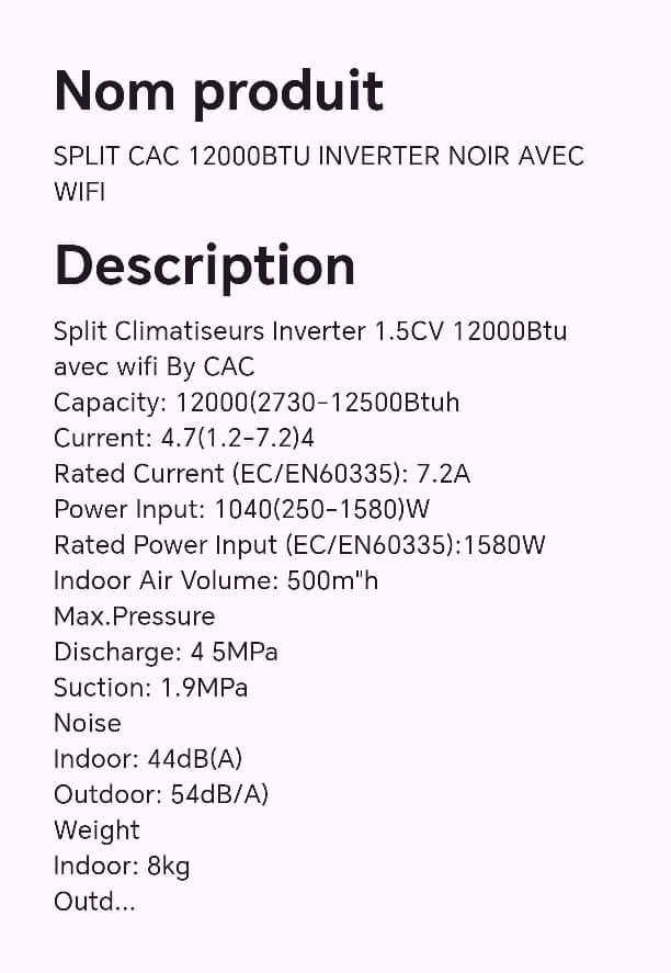 SPLIT CAC 12000BTU INVERTER NOIR AVEC WIFI SPLIT CAC 12000BTU INVERTER NOIR AVEC WIFI
