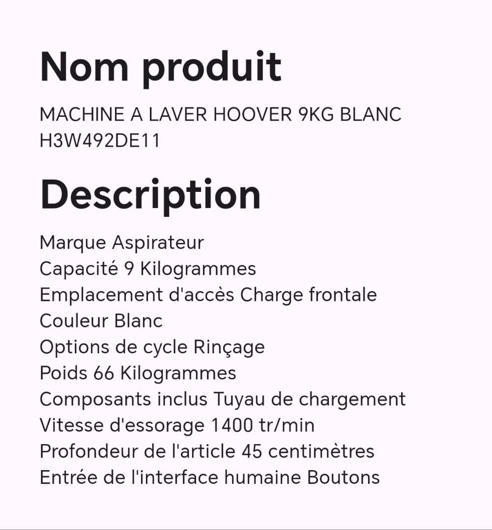 MACHINE A LAVER HOOVER 9KG BLANC H3W492DE11 MACHINE A LAVER HOOVER 9KG BLANC H3W492DE11
