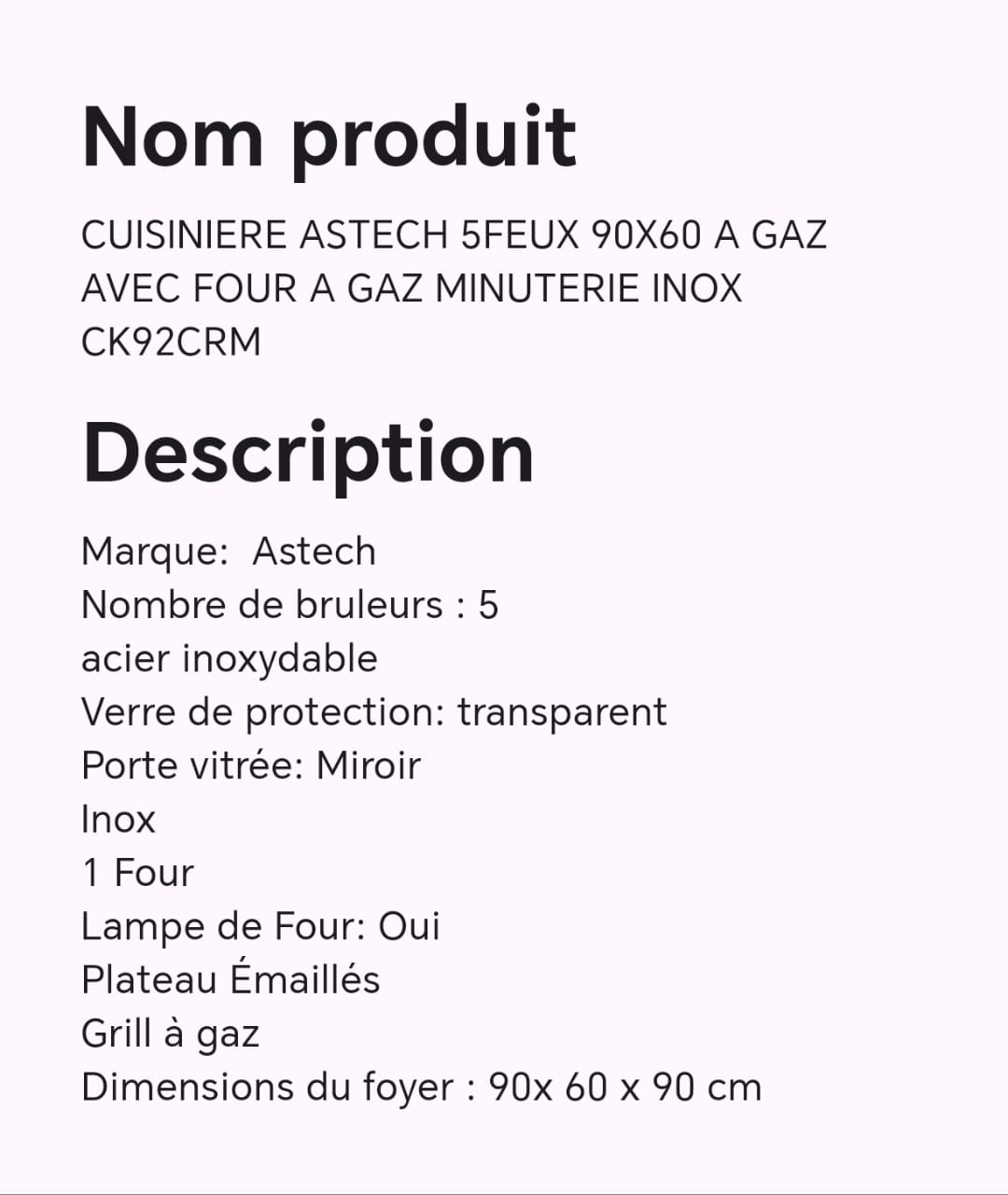 CUISINIERE ASTECH 5FEUX 90X60 A GAZ AVEC FOUR A GAZ MINUTERIE INOX CK92CRM CUISINIERE ASTECH 5FEUX 90X60 A GAZ AVEC FOUR A GAZ MINUTERIE INOX CK92CRM