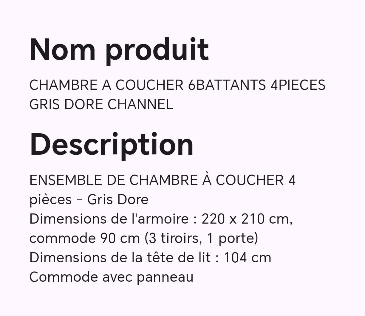 CHAMBRE A COUCHER 6BATTANTS 4PIECES GRIS DORE CHANNEL CHAMBRE A COUCHER 6BATTANTS 4PIECES GRIS DORE CHANNEL