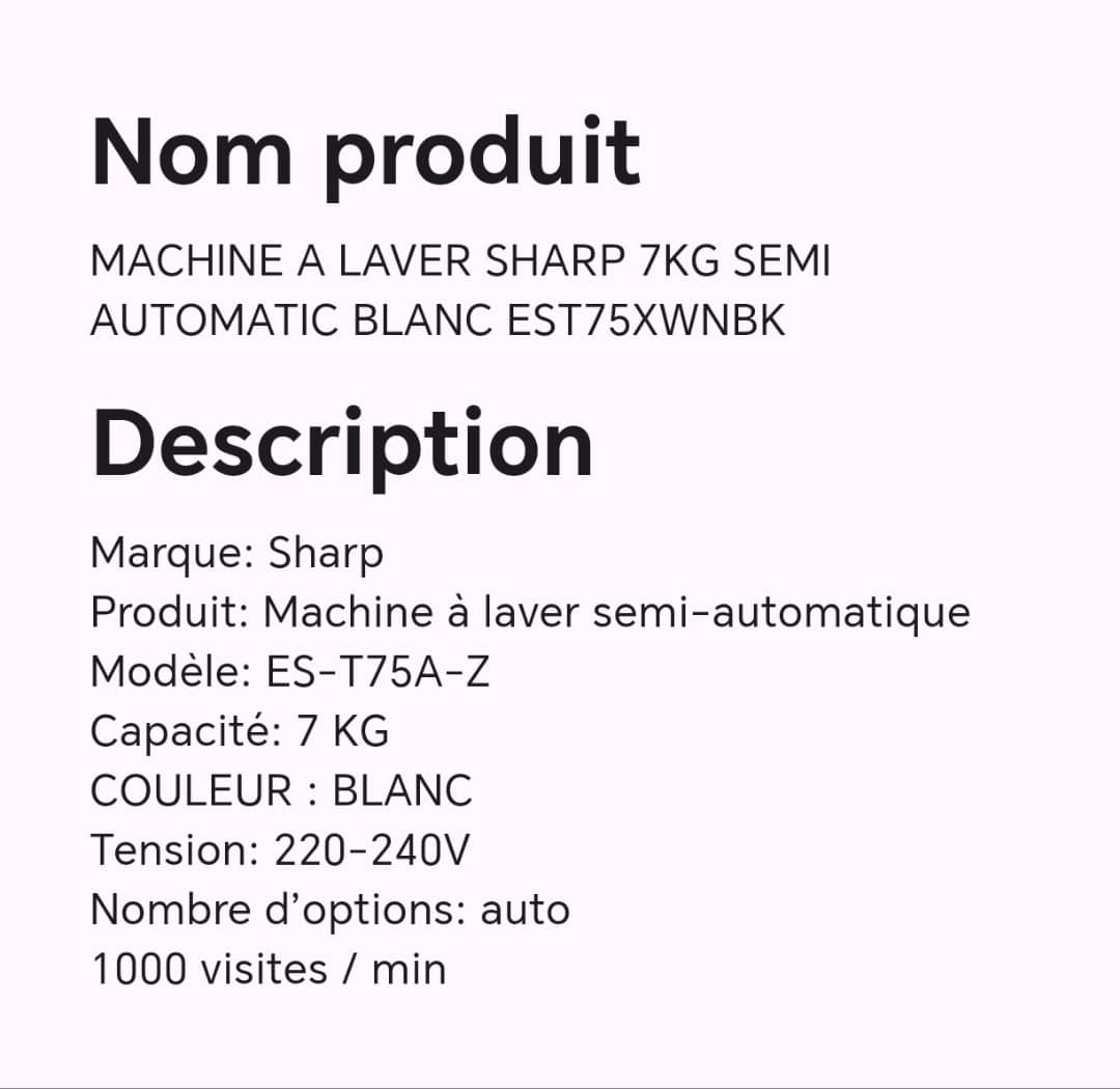 MACHINE A LAVER SHARP 7KG SEMI AUTOMATIC BLANC EST75XWNBK MACHINE A LAVER SHARP 7KG SEMI AUTOMATIC BLANC EST75XWNBK