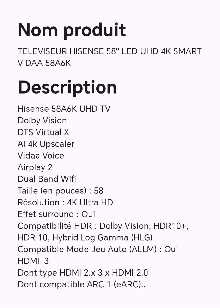 TELEVISEUR HISENSE 58" LED UHD 4K SMART VIDAA 58A6K TELEVISEUR HISENSE 58" LED UHD 4K SMART VIDAA 58A6K