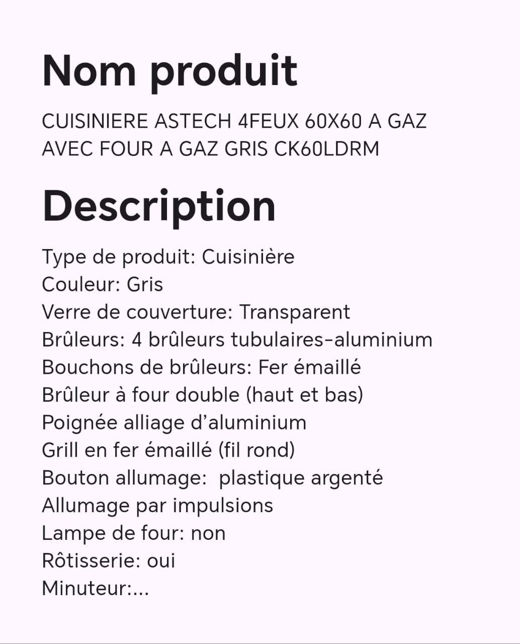 CUISINIERE ASTECH 4FEUX 60X60 A GAZ AVEC FOUR A GAZ GRIS CK60LDRM CUISINIERE ASTECH 4FEUX 60X60 A GAZ AVEC FOUR A GAZ GRIS CK60LDRM