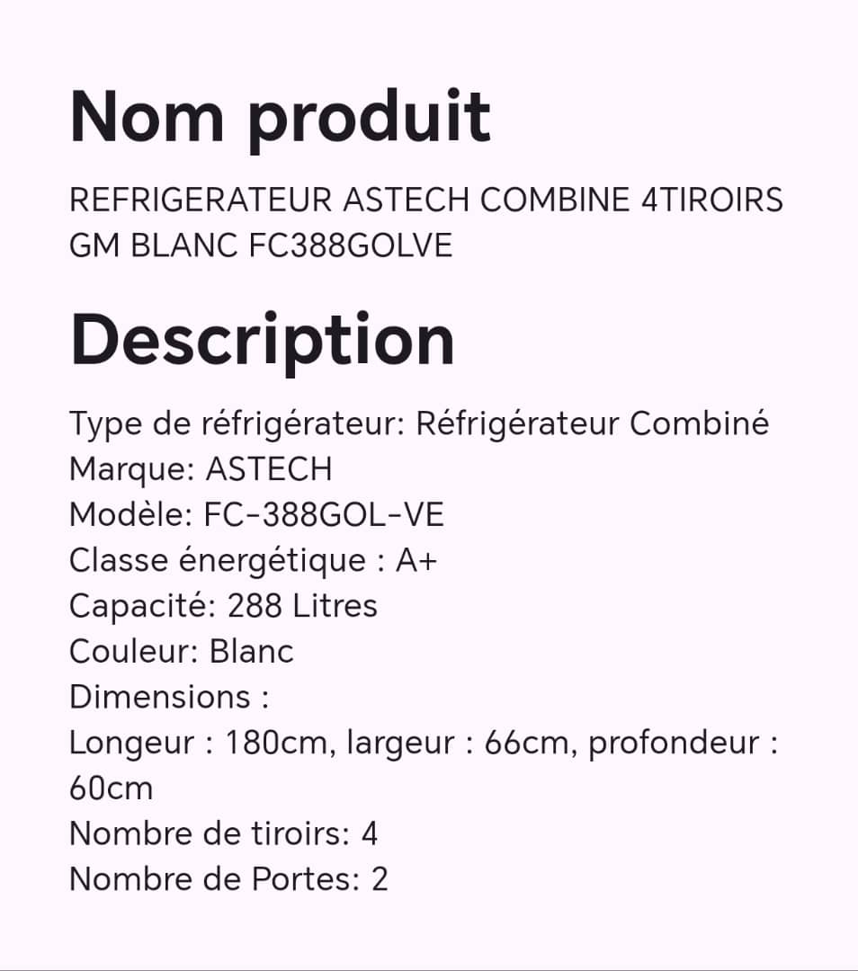 Réfrigérateur ASTECH combine 4tiroirs GM blanc FC388GOLVE Réfrigérateur ASTECH combine 4tiroirs GM blanc FC388GOLVE