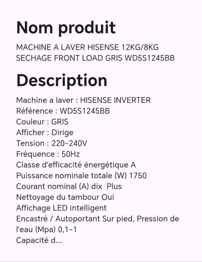 MACHINE A LAVER HISENSE 12KG/8KG SECHAGE FRONT LOAD GRIS WD5S1245BB MACHINE A LAVER HISENSE 12KG/8KG SECHAGE FRONT LOAD GRIS WD5S1245BB