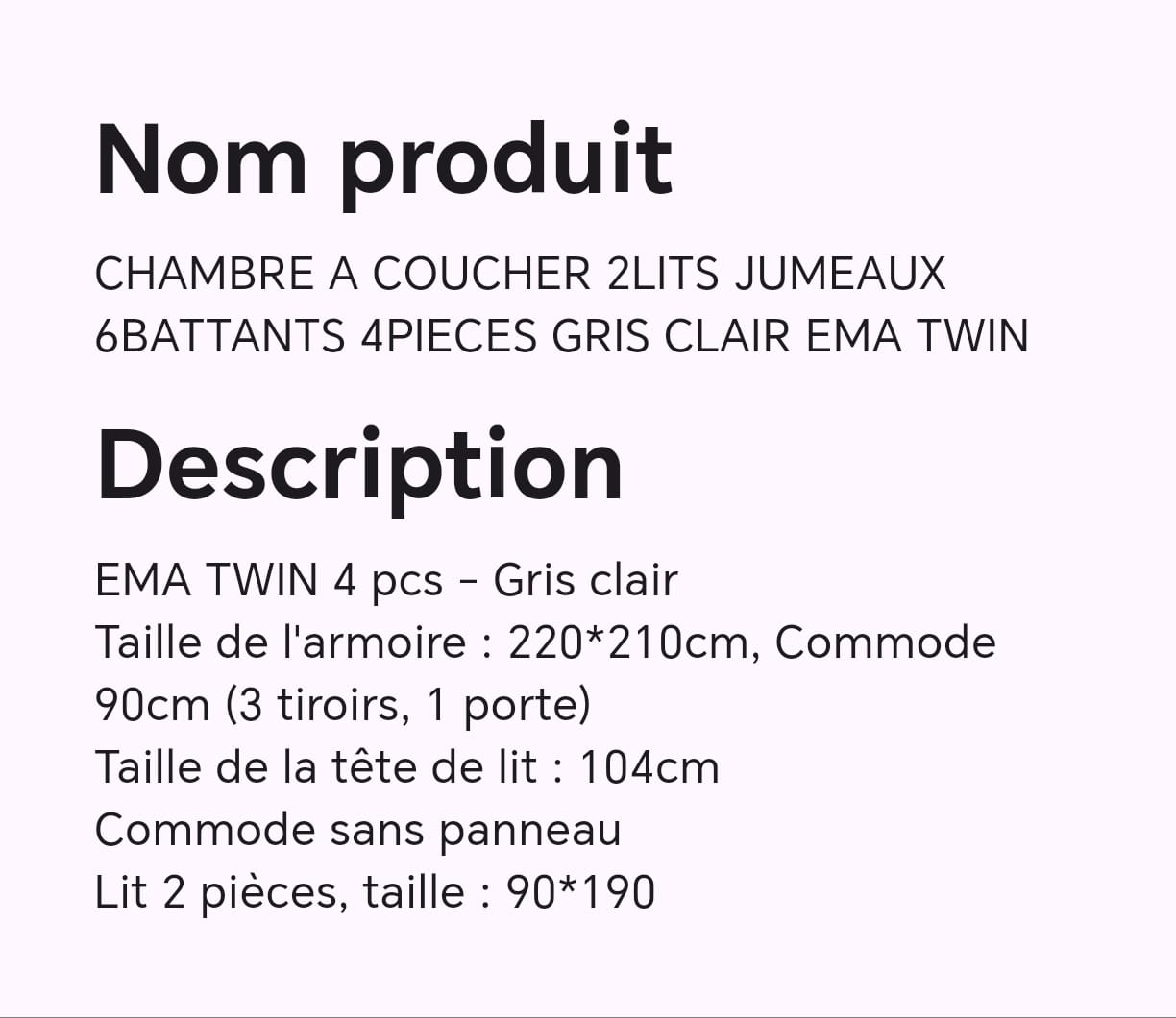 CHAMBRE A COUCHER 2LITS JUMEAUX 6BATTANTS 4PIECES GRIS CLAIR EMA TWIN CHAMBRE A COUCHER 2LITS JUMEAUX 6BATTANTS 4PIECES GRIS CLAIR EMA TWIN