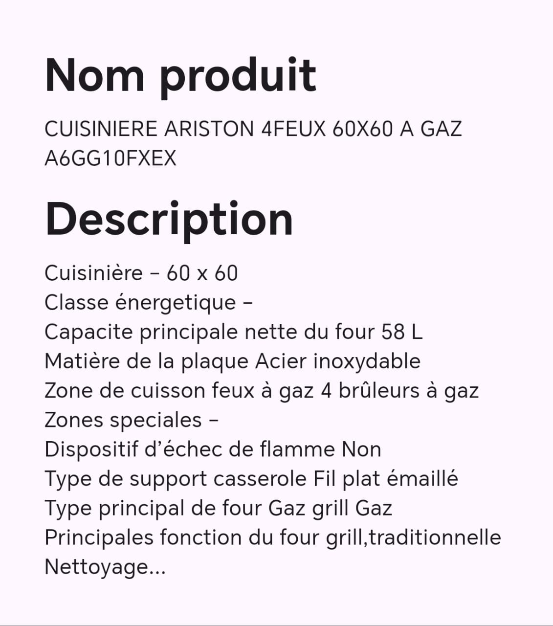 CUISINIERE ARISTON 4FEUX 60X60 A GAZ A6GG10FXEX CUISINIERE ARISTON 4FEUX 60X60 A GAZ A6GG10FXEX