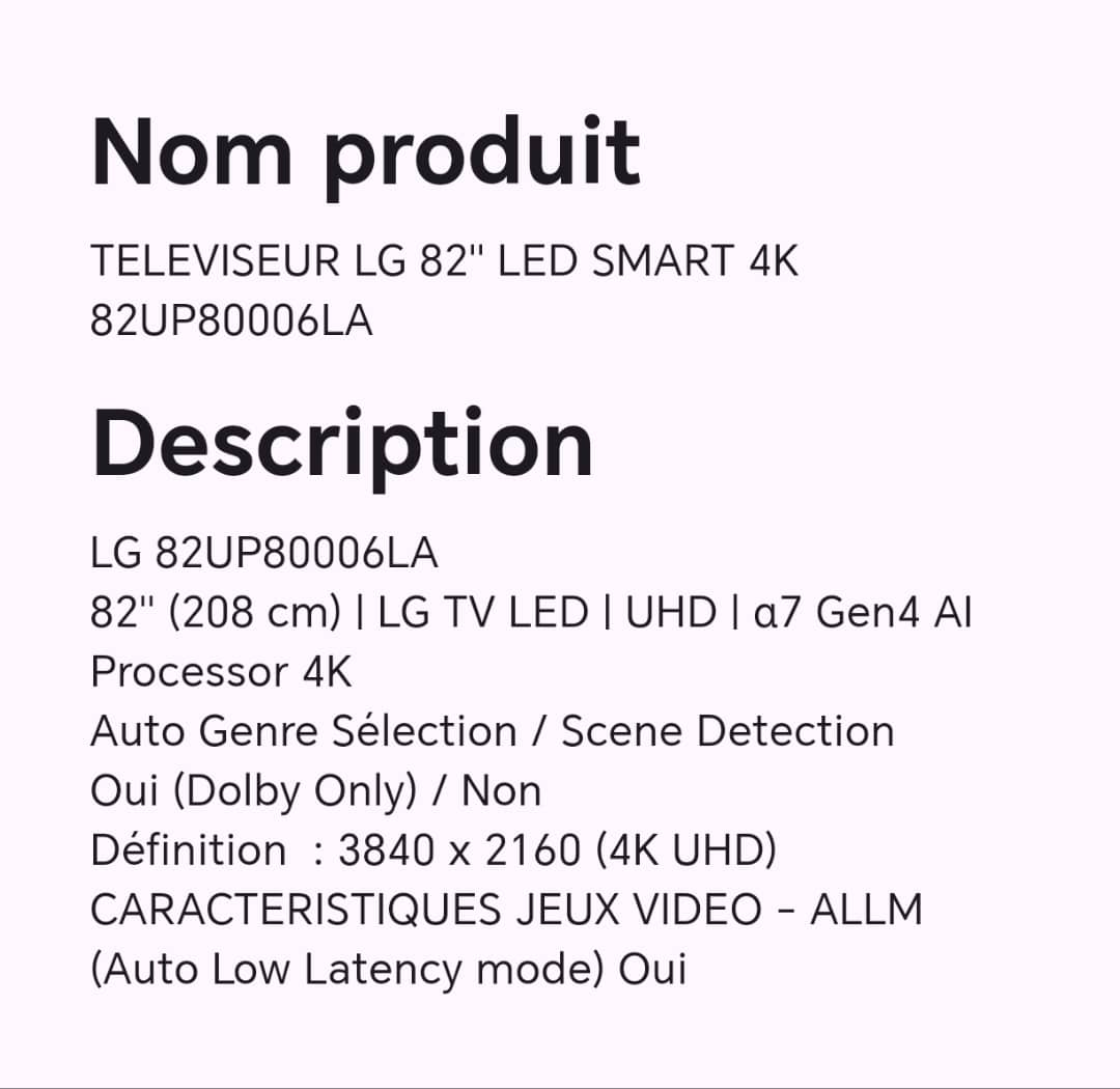 TELEVISEUR LG 82" LED SMART 4K 82UP80006LA TELEVISEUR LG 82" LED SMART 4K 82UP80006LA
