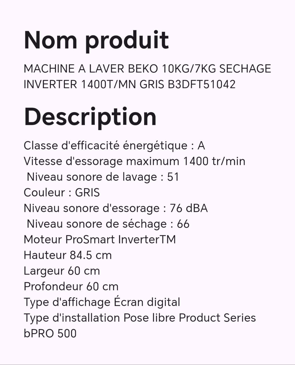 MACHINE A LAVER BEKO 10KG/7KG SECHAGE INVERTER 1400T/MN GRIS B3DFT51042 MACHINE A LAVER BEKO 10KG/7KG SECHAGE INVERTER 1400T/MN GRIS B3DFT51042