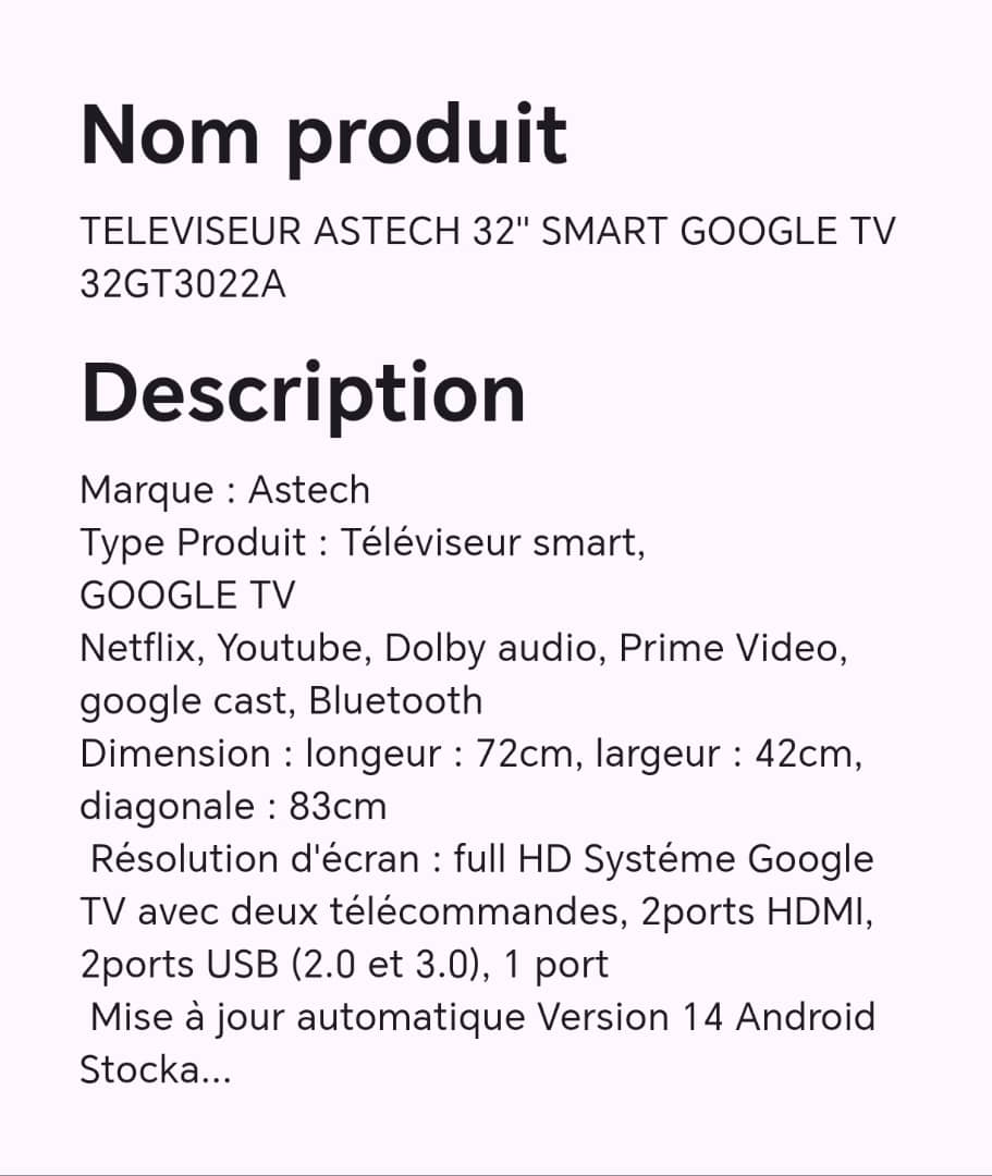 TELEVISEUR ASTECH 32" SMART GOOGLE TV 32GT3022A TELEVISEUR ASTECH 32" SMART GOOGLE TV 32GT3022A