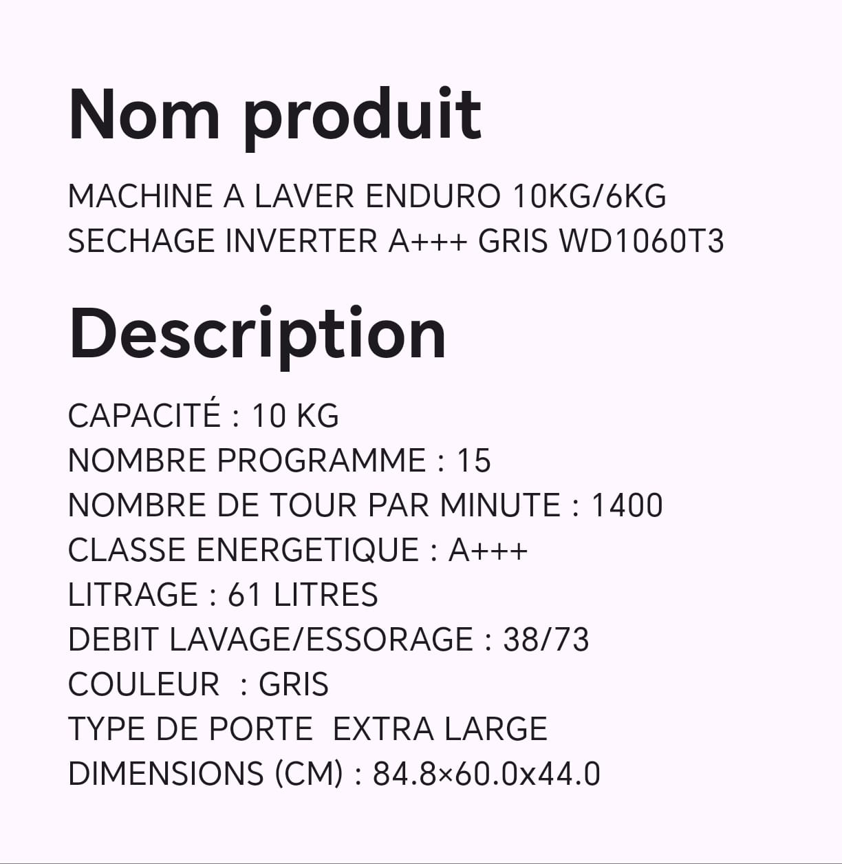 MACHINE A LAVER ENDURO 10KG/6KG SECHAGE INVERTER A+++ GRIS WD1060T3 MACHINE A LAVER ENDURO 10KG/6KG SECHAGE INVERTER A+++ GRIS WD1060T3