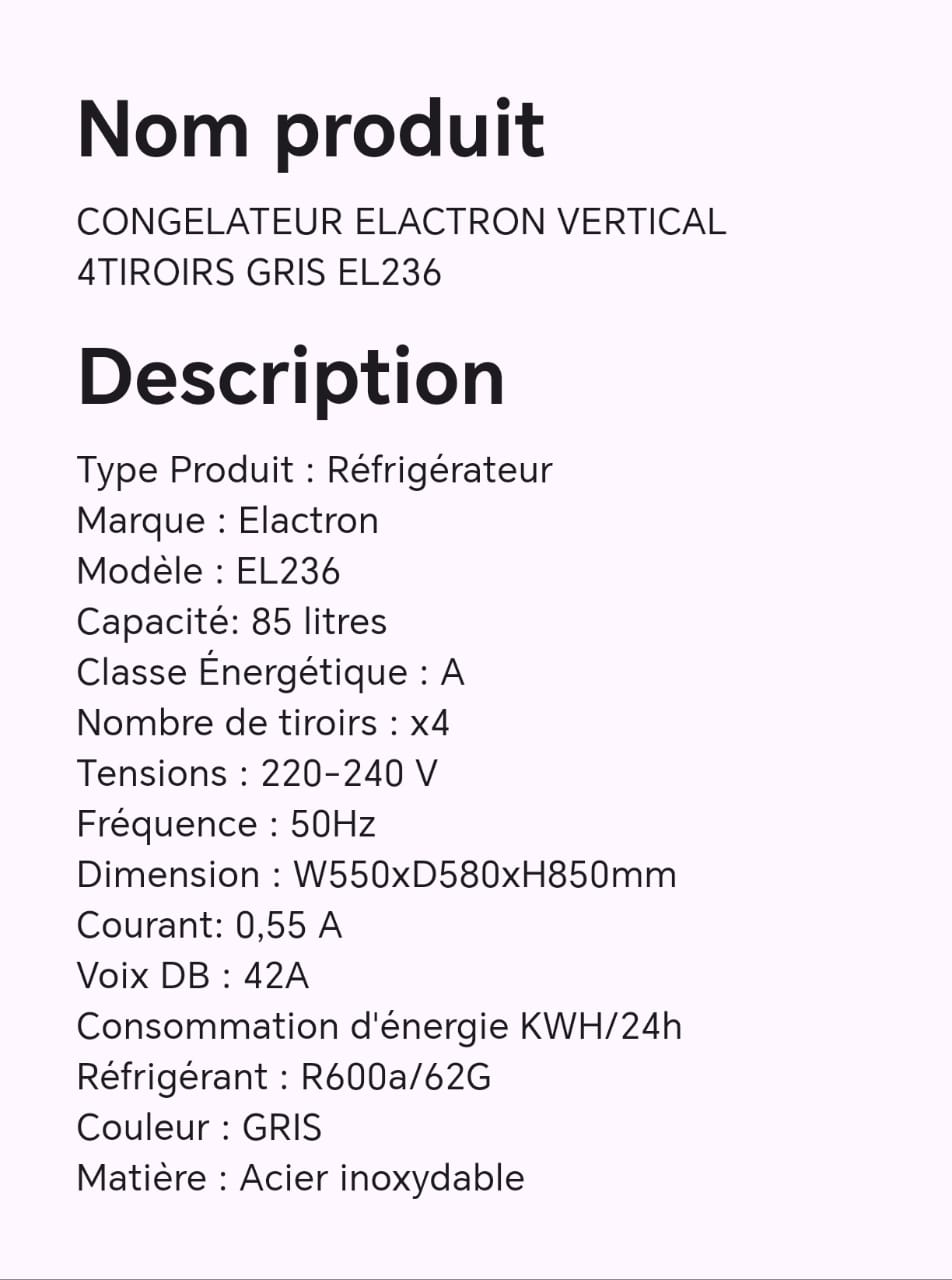 CONGELATEUR ELACTRON VERTICAL 4TIROIRS GRIS EL236 CONGELATEUR ELACTRON VERTICAL 4TIROIRS GRIS EL236