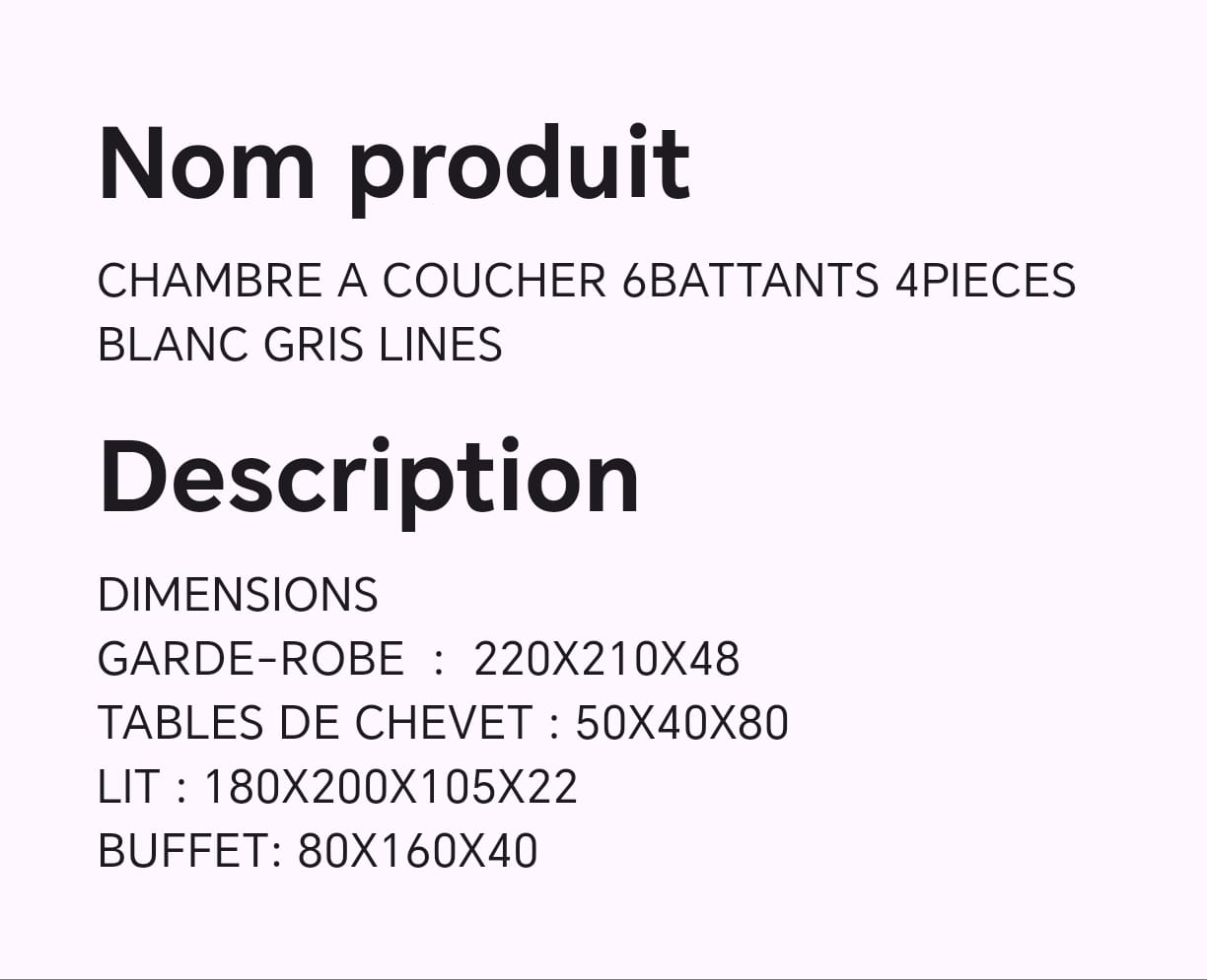 CHAMBRE A COUCHER 6BATTANTS 4PIECES BLANC GRIS LINES CHAMBRE A COUCHER 6BATTANTS 4PIECES BLANC GRIS LINES