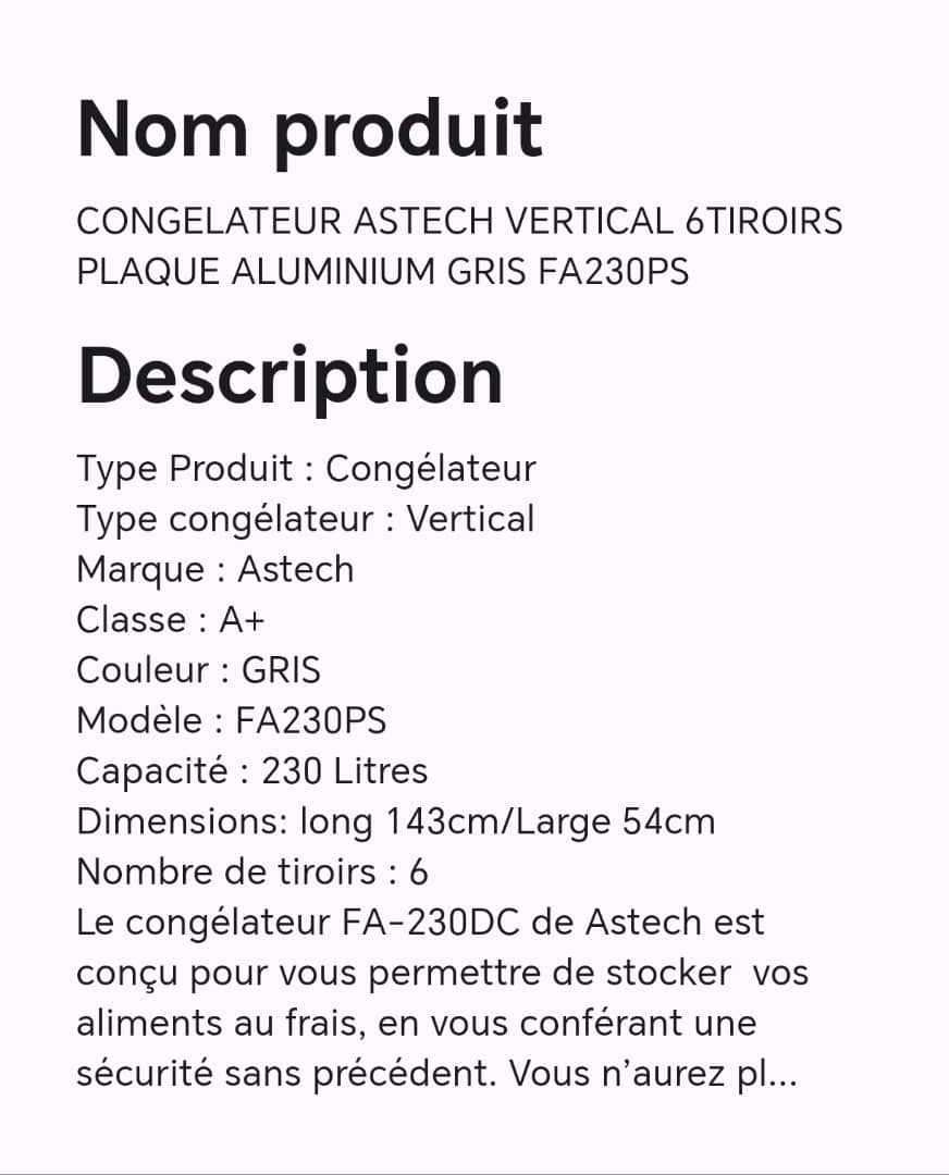 Congélateur ASTECH vertical 6tiroirs plaque aluminium gris FA230PS Congélateur ASTECH vertical 6tiroirs plaque aluminium gris FA230PS