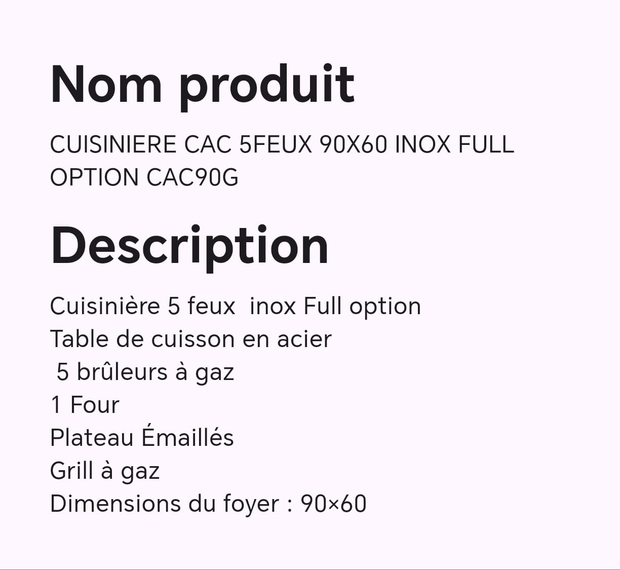 CUISINIERE CAC 5FEUX 90X60 INOX FULL OPTION CAC90G CUISINIERE CAC 5FEUX 90X60 INOX FULL OPTION CAC90G