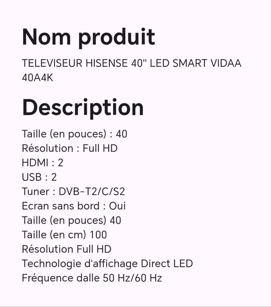 TELEVISEUR HISENSE 40" LED SMART VIDDA 40A4K TELEVISEUR HISENSE 40" LED SMART VIDDA 40A4K