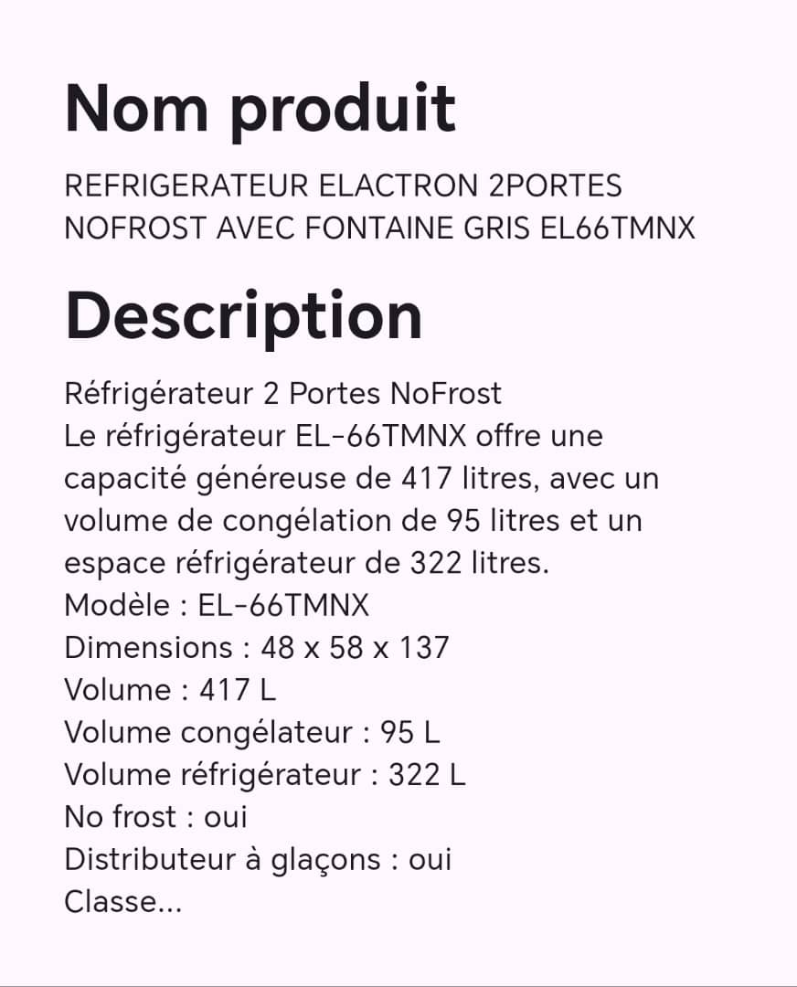 Réfrigérateur ELACTRON 2portes NOFROST avec fontaine Gris EL66TMNX Réfrigérateur ELACTRON 2portes NOFROST avec fontaine Gris EL66TMNX
