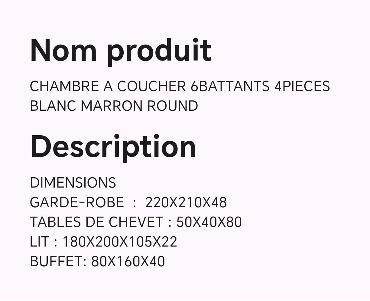 CHAMBRE A COUCHER 6BATTANTS 4PIECES BLANC MARRON ROUND CHAMBRE A COUCHER 6BATTANTS 4PIECES BLANC MARRON ROUND
