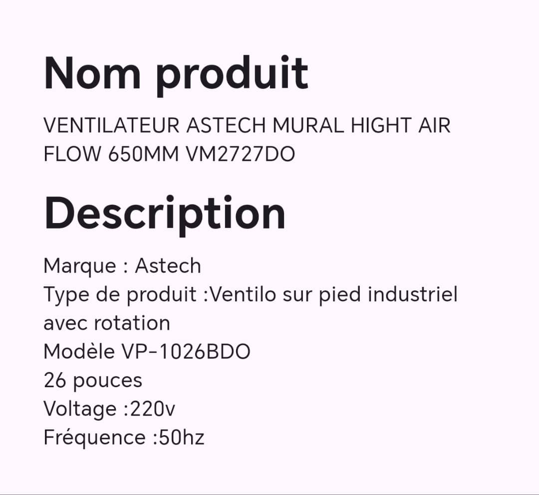 Ventilateur ASTECH mural HIGHT air flow 650M VM2727DO Ventilateur ASTECH mural HIGHT air flow 650M VM2727DO