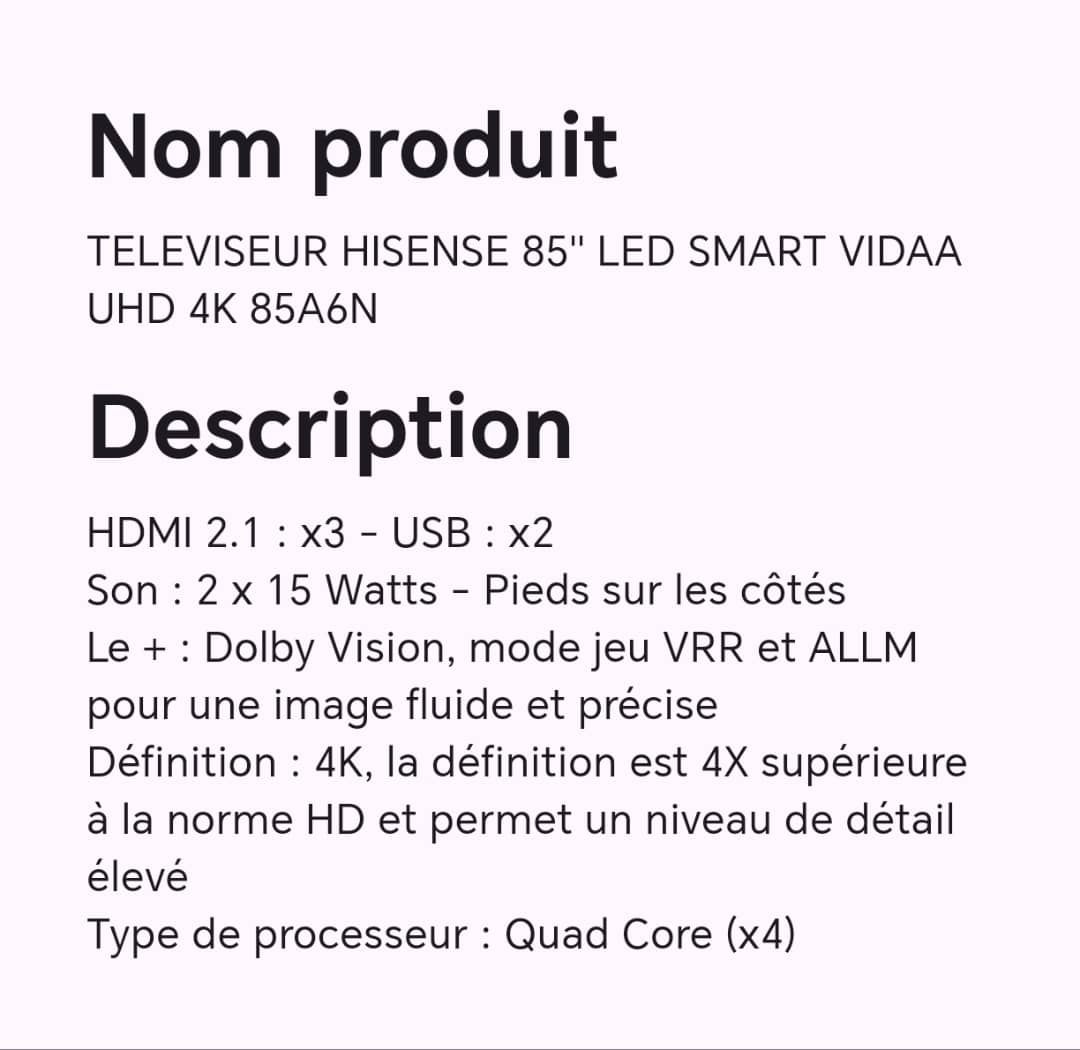 TELEVISEUR HISENSE 85" LED SMART VIDAA UHD 4K 85A6N TELEVISEUR HISENSE 85" LED SMART VIDAA UHD 4K 85A6N