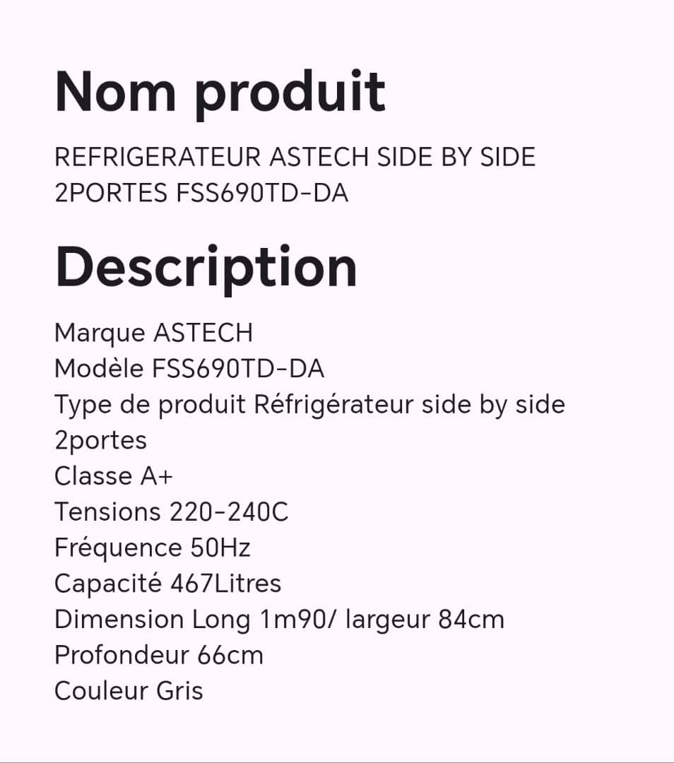 Réfrigérateur ASTECH SIDE BY SIDE 2portes FSS690TD-DA Réfrigérateur ASTECH SIDE BY SIDE 2portes FSS690TD-DA