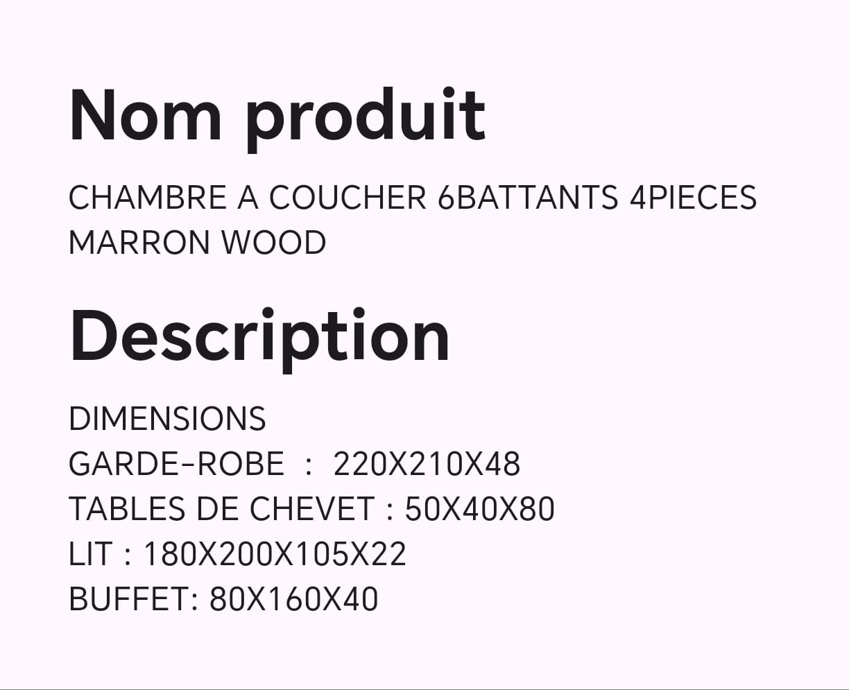 CHAMBRE A COUCHER 6BATTANTS 4PIECES MARRON WOOD CHAMBRE A COUCHER 6BATTANTS 4PIECES MARRON WOOD