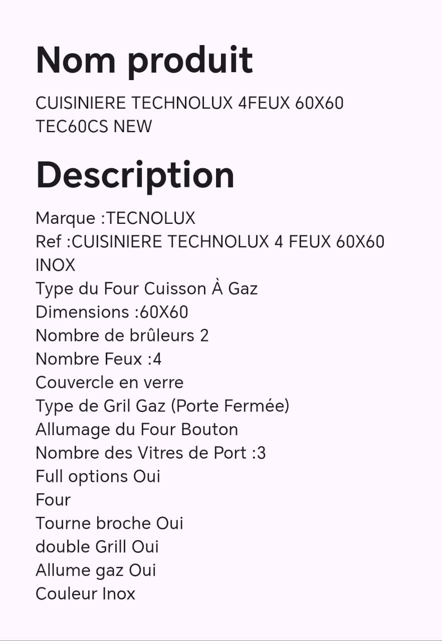 CUISINIERE TECHNOLUX 4FEUX 60X60 TEC60CS NEW CUISINIERE TECHNOLUX 4FEUX 60X60 TEC60CS NEW