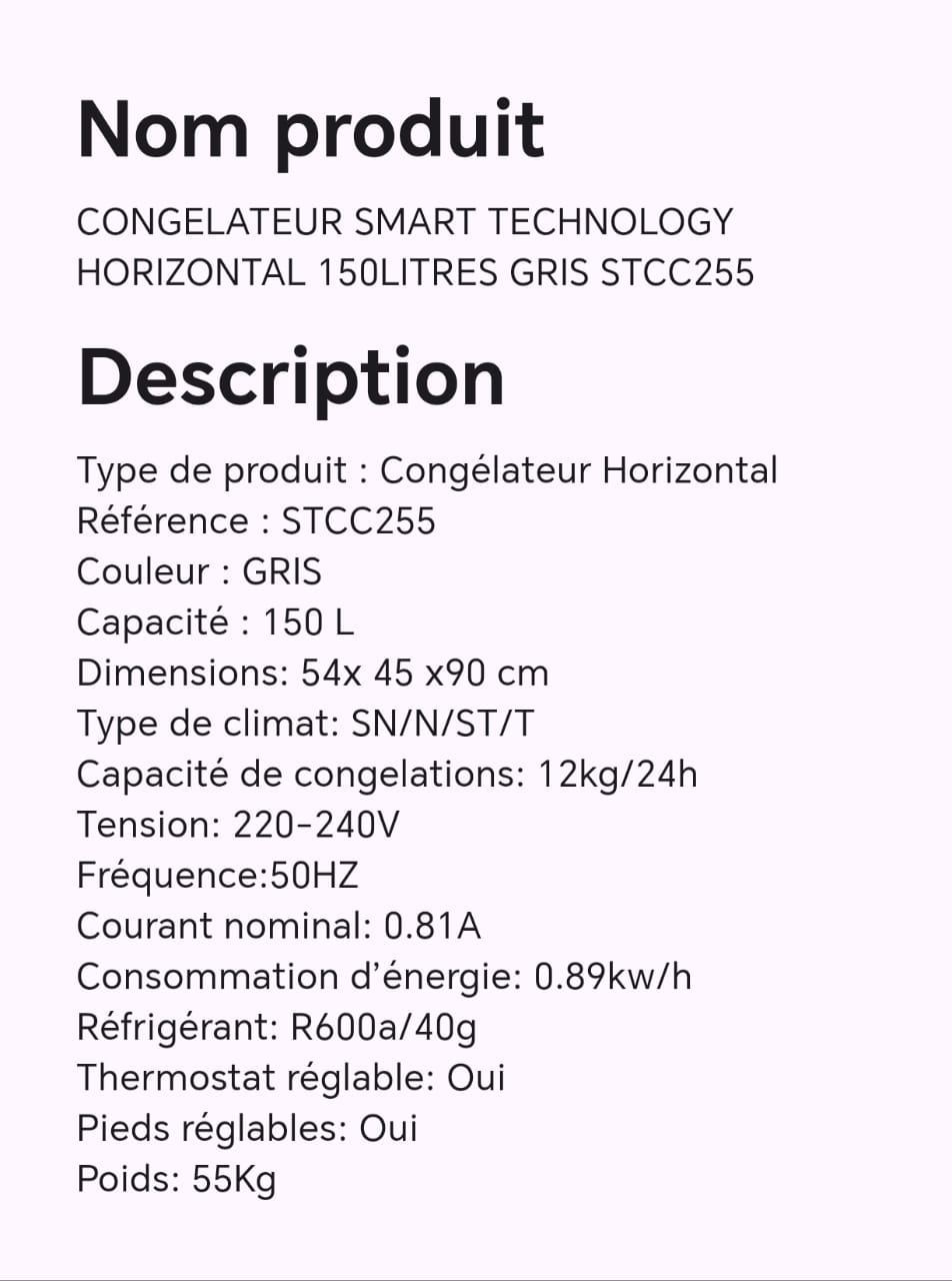 CONGELATEUR SMART TECHNOLOGY HORIZONTAL 150LITRES GRIS STCC255 CONGELATEUR SMART TECHNOLOGY HORIZONTAL 150LITRES GRIS STCC255