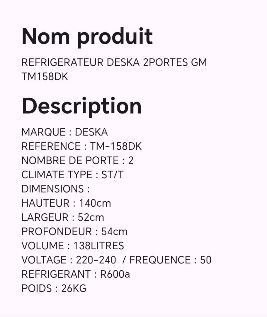Réfrigérateur DESKA 2portes GM TM158DK Réfrigérateur DESKA 2portes GM TM158DK