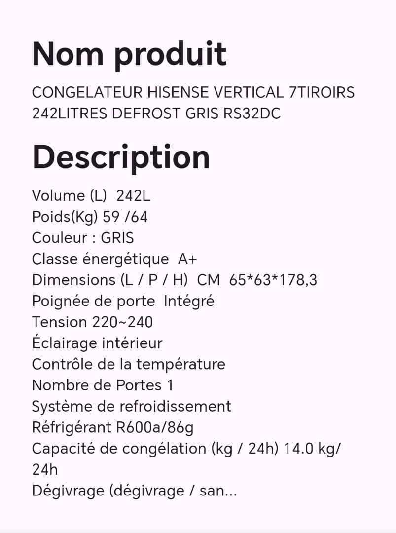 CONGELATEUR HISENSE VERTICAL 7TIROIRS 242LITRES DEFROST GRIS RS32DC CONGELATEUR HISENSE VERTICAL 7TIROIRS 242LITRES DEFROST GRIS RS32DC